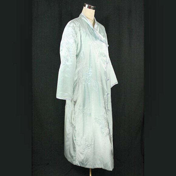 Vintage Natori Satin Floral Embroidered Full Length Winter Robe Lounge Blue M - Picture 7 of 14
